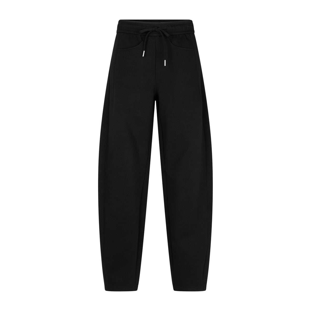 Black wide-leg trousers with an elastic drawstring waistband, shown flat against a solid white background.