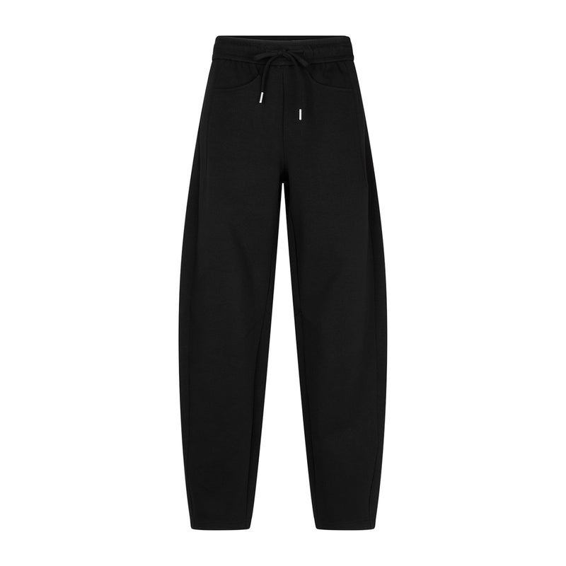 Black wide-leg trousers with an elastic drawstring waistband, shown flat against a solid white background.