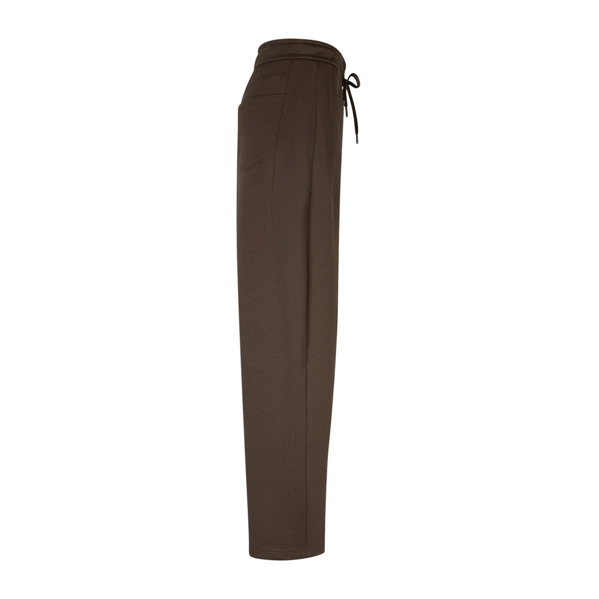 A pair of dark brown trousers shown from the side profile against a solid white background.