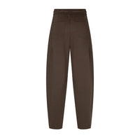 A pair of dark brown trousers shown from behind with a relaxed, tapered leg, displayed against a solid white background.