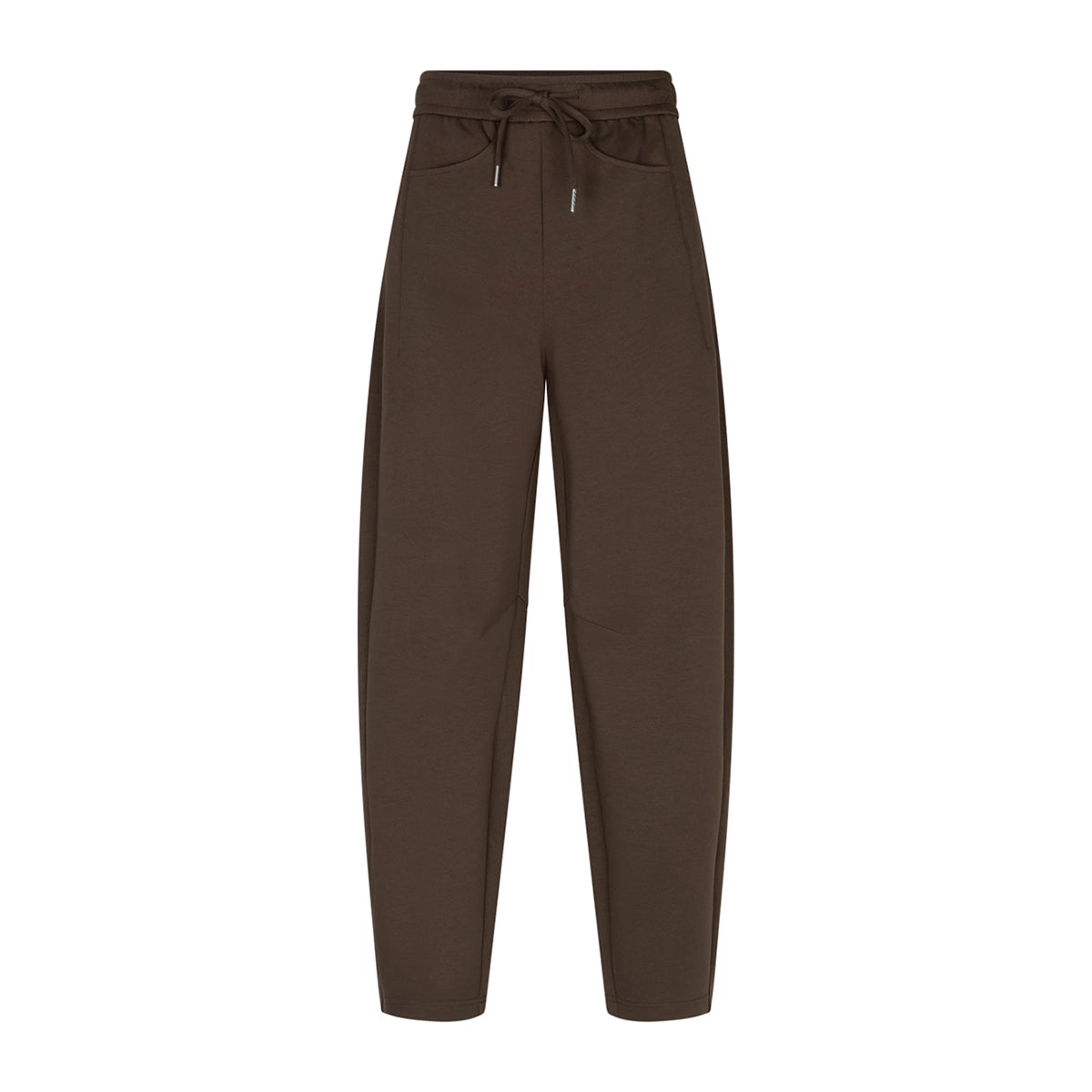 A pair of dark brown drawstring pants with a relaxed, tapered leg, displayed against a solid white background.