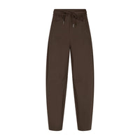 A pair of dark brown drawstring pants with a relaxed, tapered leg, displayed against a solid white background.