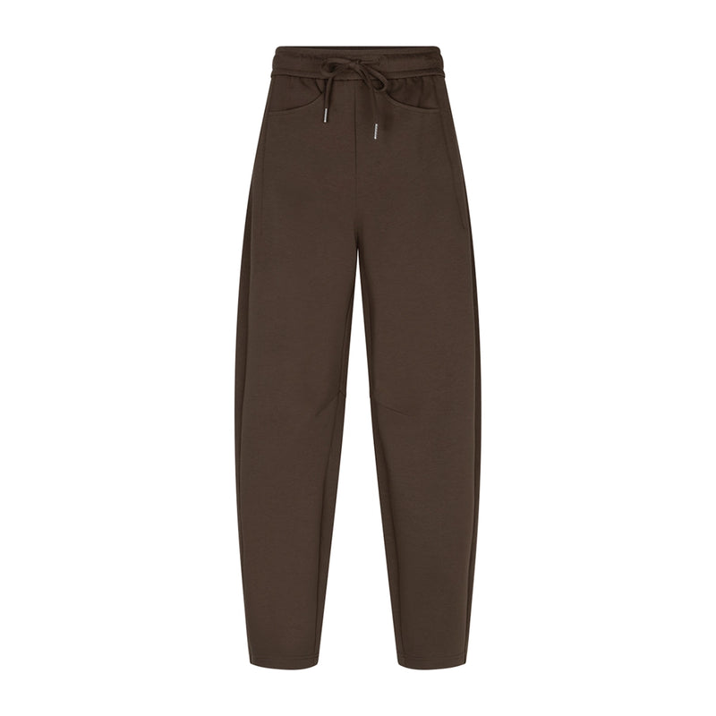 A pair of dark brown drawstring pants with a relaxed, tapered leg, displayed against a solid white background.