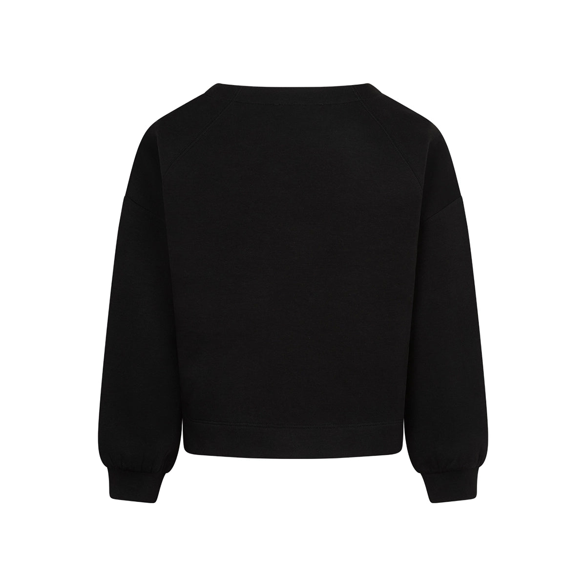 A black cropped crewneck sweatshirt with long sleeves and ribbed cuffs, shown from the back on a plain white background.