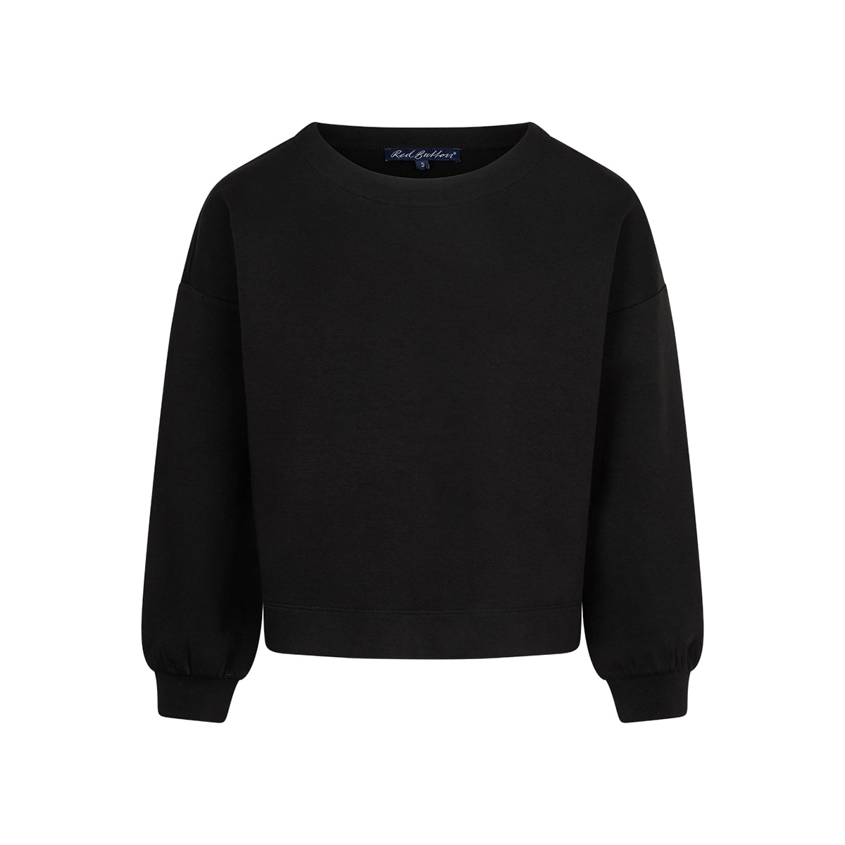 A black crewneck sweatshirt with long balloon sleeves and ribbed cuffs, displayed on a clean white background.