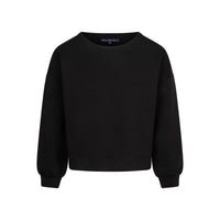 A black crewneck sweatshirt with long balloon sleeves and ribbed cuffs, displayed on a clean white background.