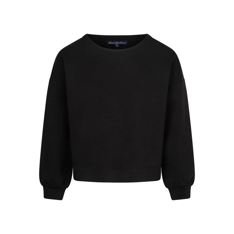 A black crewneck sweatshirt with long balloon sleeves and ribbed cuffs, displayed on a clean white background.