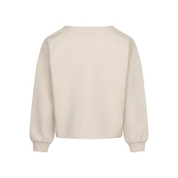 A cream-colored long-sleeve crewneck sweatshirt shown from the back, featuring a relaxed fit and ribbed cuffs and hem, set against a plain white background.