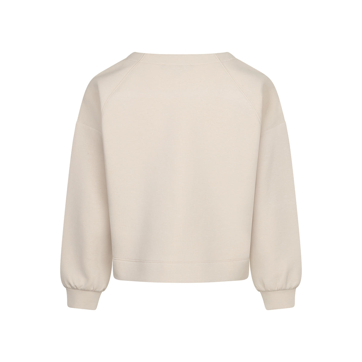 A cream-colored long-sleeve crewneck sweatshirt shown from the back, featuring a relaxed fit and ribbed cuffs and hem, set against a plain white background.