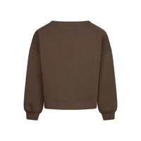 A dark brown sweatshirt with long raglan sleeves and ribbed cuffs, shown from the back on a plain white background.