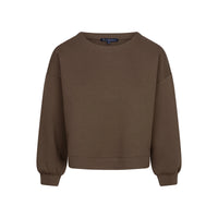 A brown long-sleeve crewneck sweatshirt with a relaxed fit and ribbed cuffs, displayed on a clean white background.