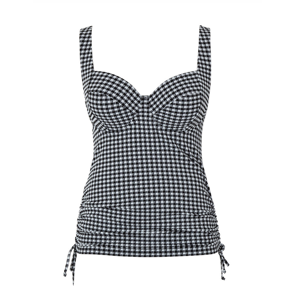 black and white gingham tankini on a white background
