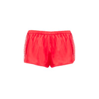 red shorts with lace trim on a white background