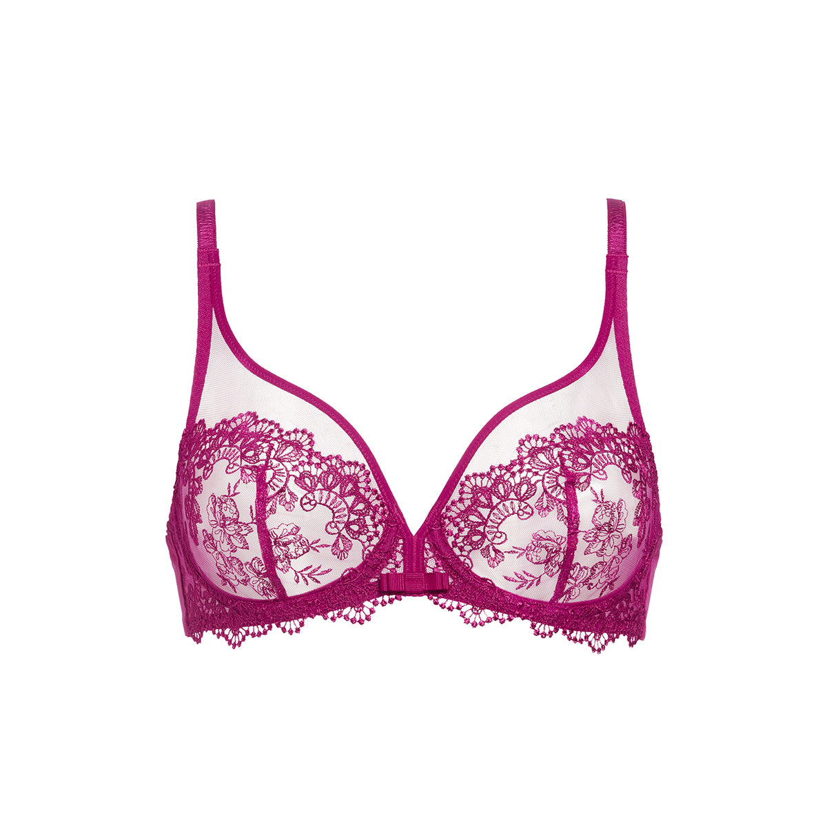 A magenta pink lace and mesh underwire bra with thin shoulder straps, displayed against a solid white background.