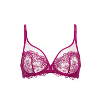 A magenta pink lace and mesh underwire bra with thin shoulder straps, displayed against a solid white background.