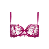 A magenta lace underwire bra with sheer mesh cups and matching lace trim, displayed against a solid white background.