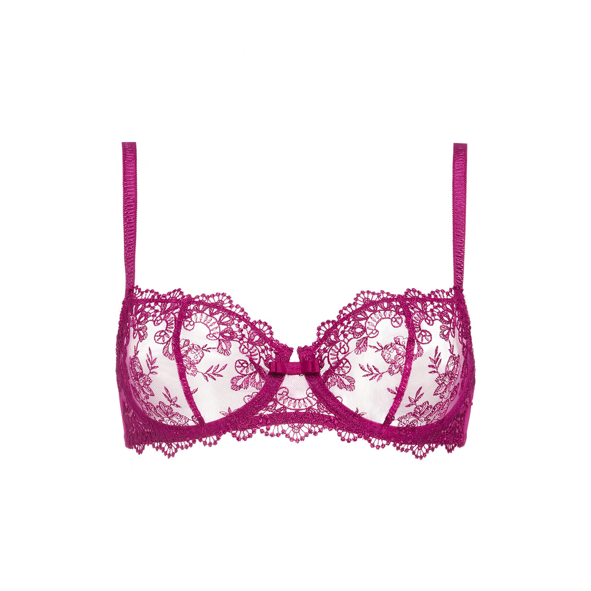 A magenta lace underwire bra with sheer mesh cups and matching lace trim, displayed against a solid white background.