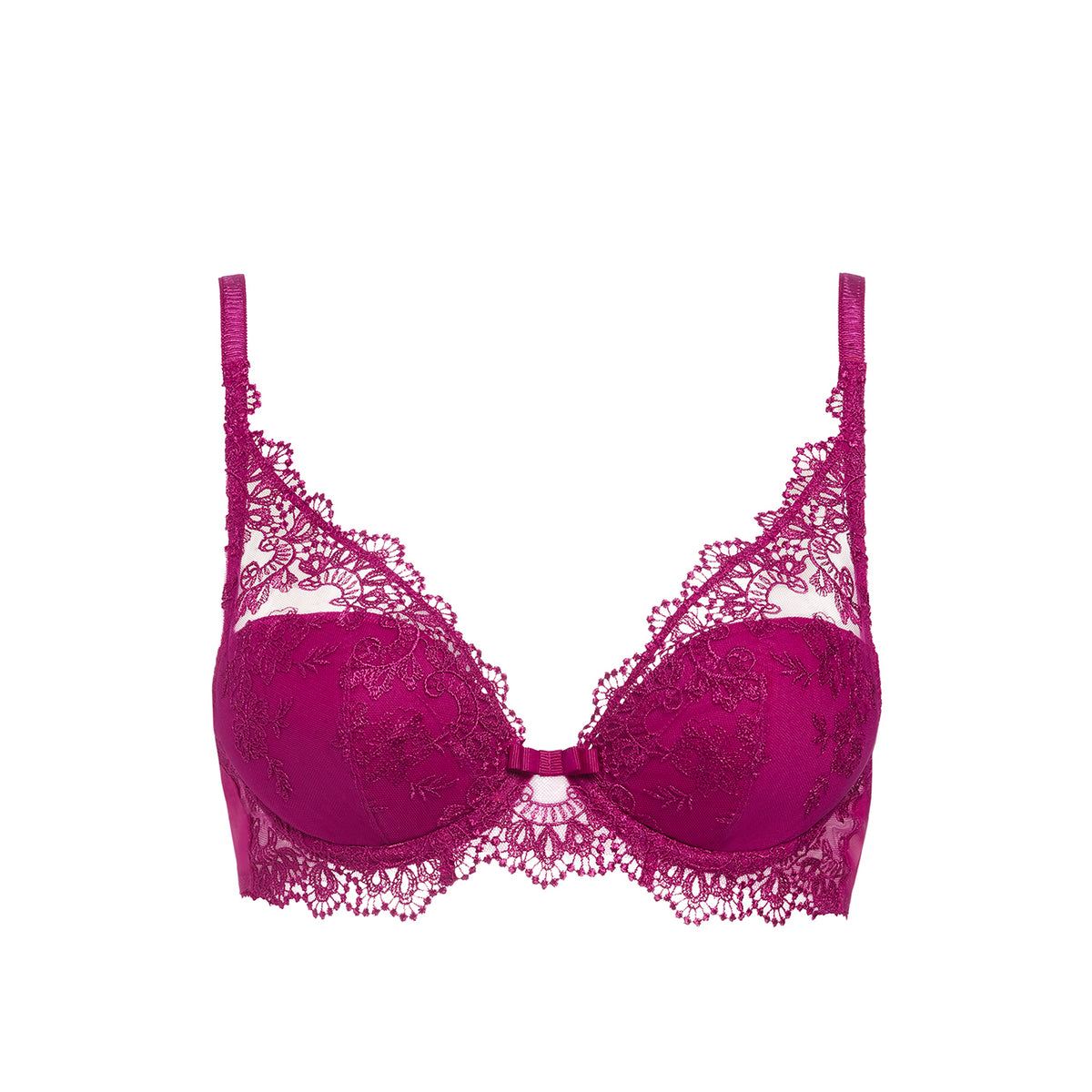 A magenta lace underwire bra with adjustable shoulder straps and a small center bow, shown against a plain white background.