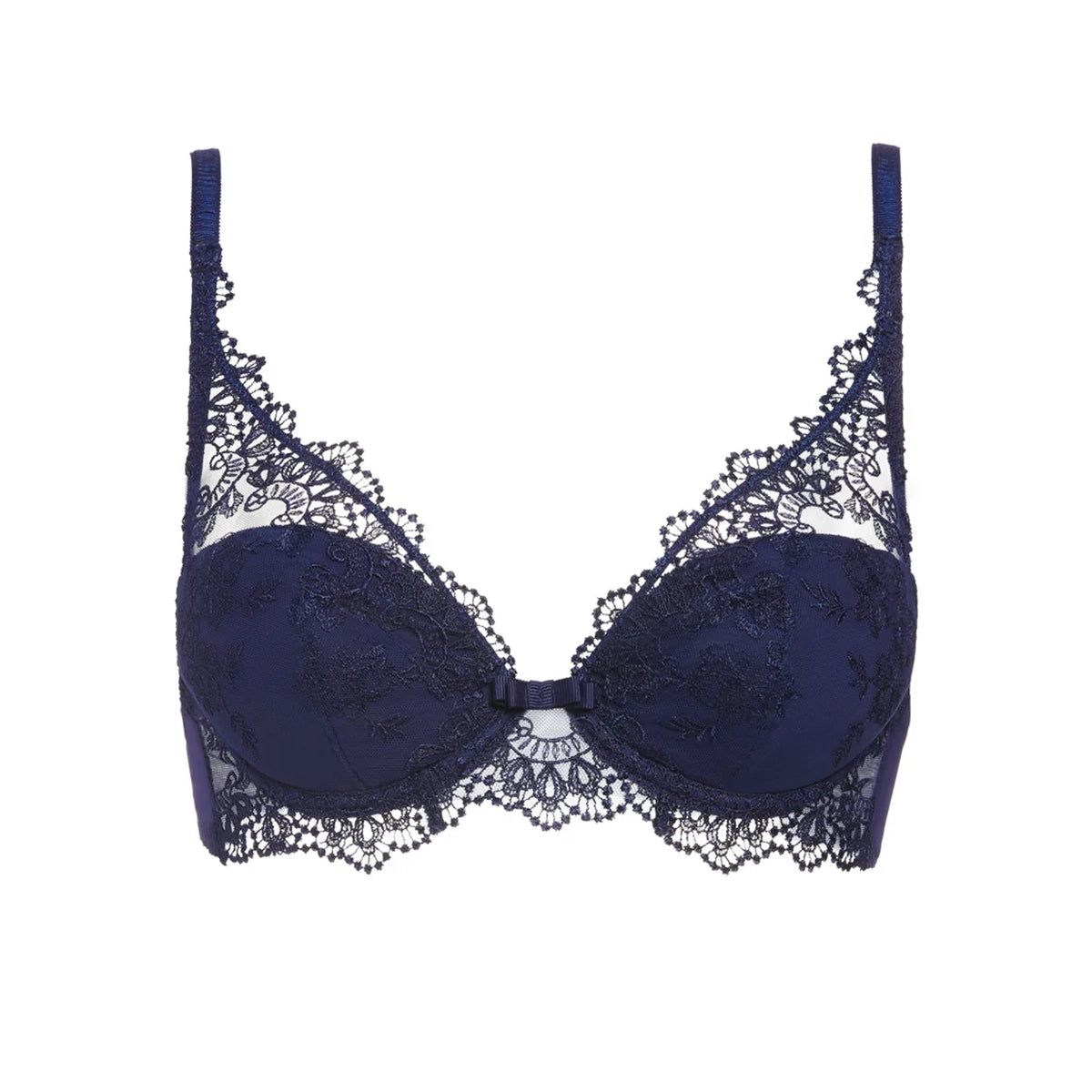 A navy blue lace bra with floral embroidery on the cups and intricate lace trim along the underwire and edges, shown against a plain white background.