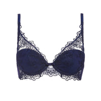 A navy blue lace bra with floral embroidery on the cups and intricate lace trim along the underwire and edges, shown against a plain white background.