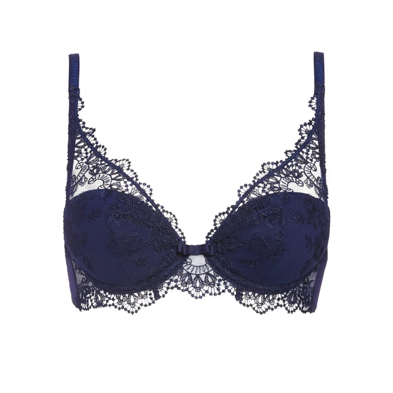 A navy blue lace bra with floral embroidery on the cups and intricate lace trim along the underwire and edges, shown against a plain white background.