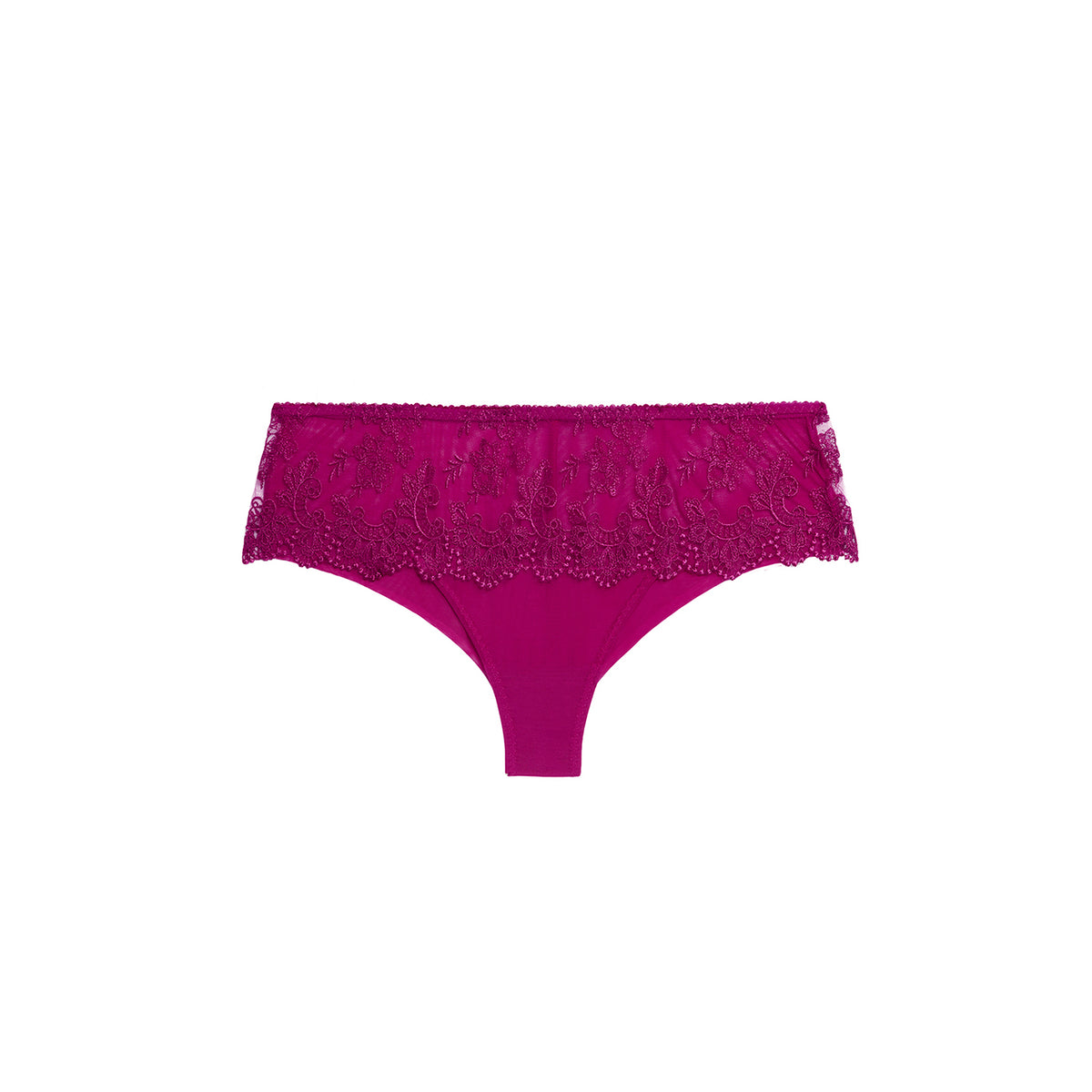 A pair of magenta pink lace-trimmed underwear panties shown flat on a solid white background.