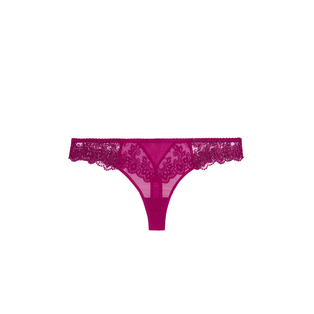 A pair of magenta lace thong panties with a sheer mesh center and a wide, scalloped lace waistband, shown flat on a white background.