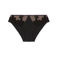 Black lace and mesh panties with a solid black waistband, shown flat against a white background.