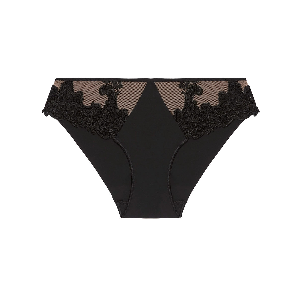 Black lace and mesh panties with a solid black waistband, shown flat against a white background.