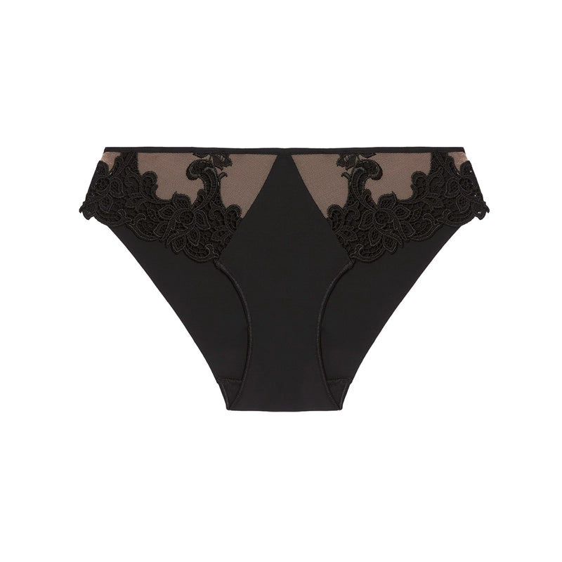 Black lace and mesh panties with a solid black waistband, shown flat against a white background.