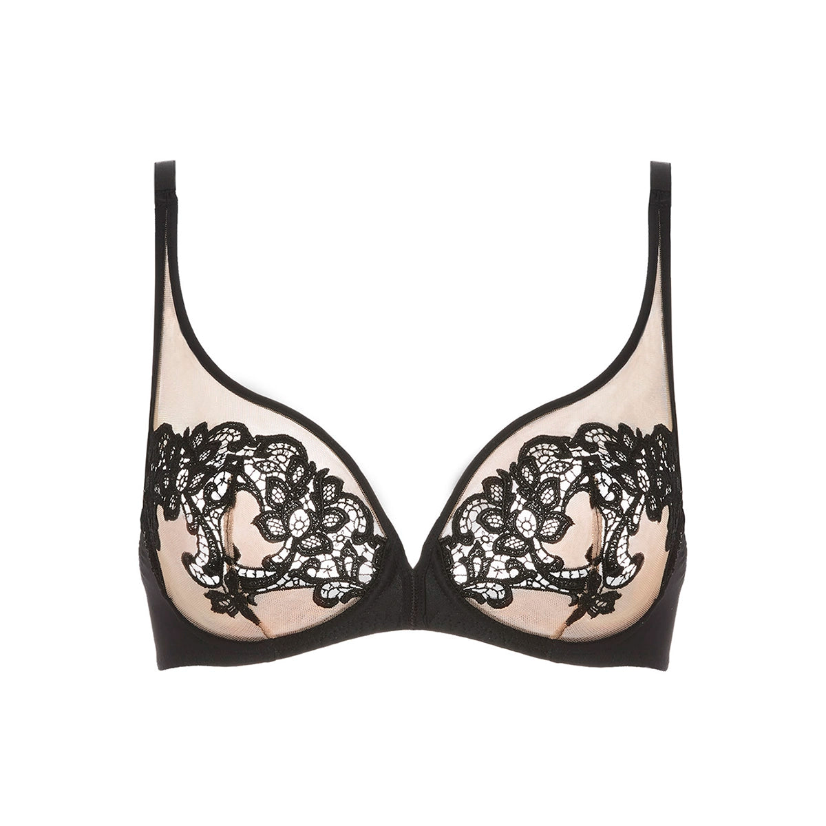 Black lace underwire bra with beige mesh cups, shown flat against a white background.