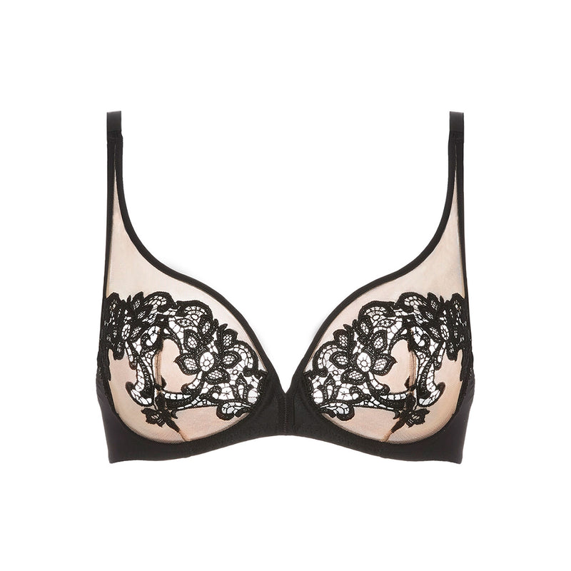 Black lace underwire bra with beige mesh cups, shown flat against a white background.