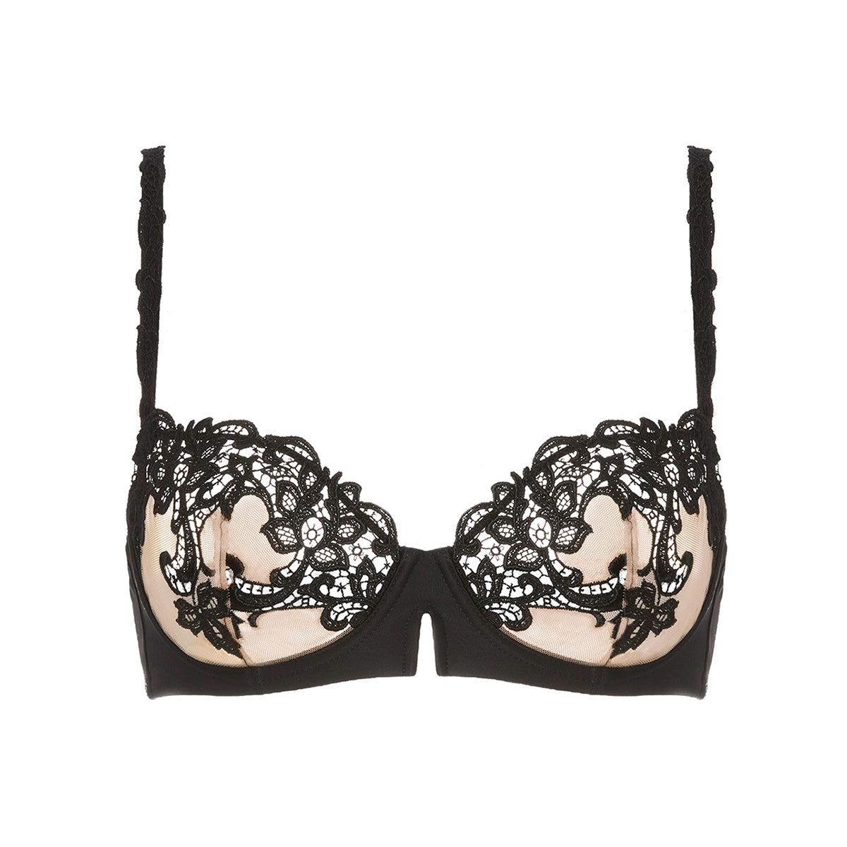 Black lace underwire bra with beige mesh cups, shown flat against a white background.