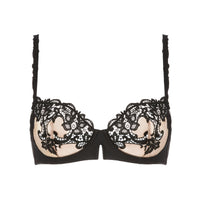 Black lace underwire bra with beige mesh cups, shown flat against a white background.