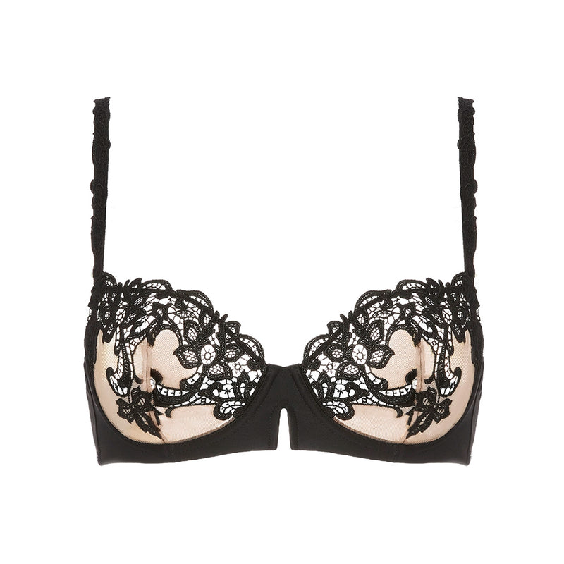 Black lace underwire bra with beige mesh cups, shown flat against a white background.