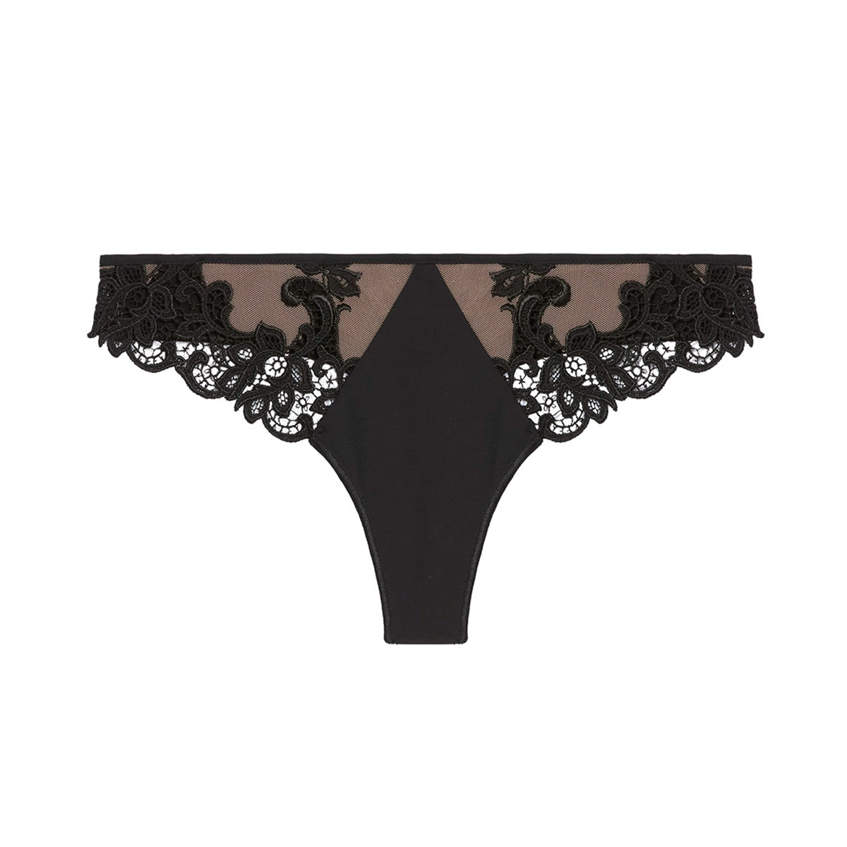 Black lace thong underwear with sheer mesh panels, shown flat against a solid white background.