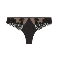 Black lace thong underwear with sheer mesh panels, shown flat against a solid white background.