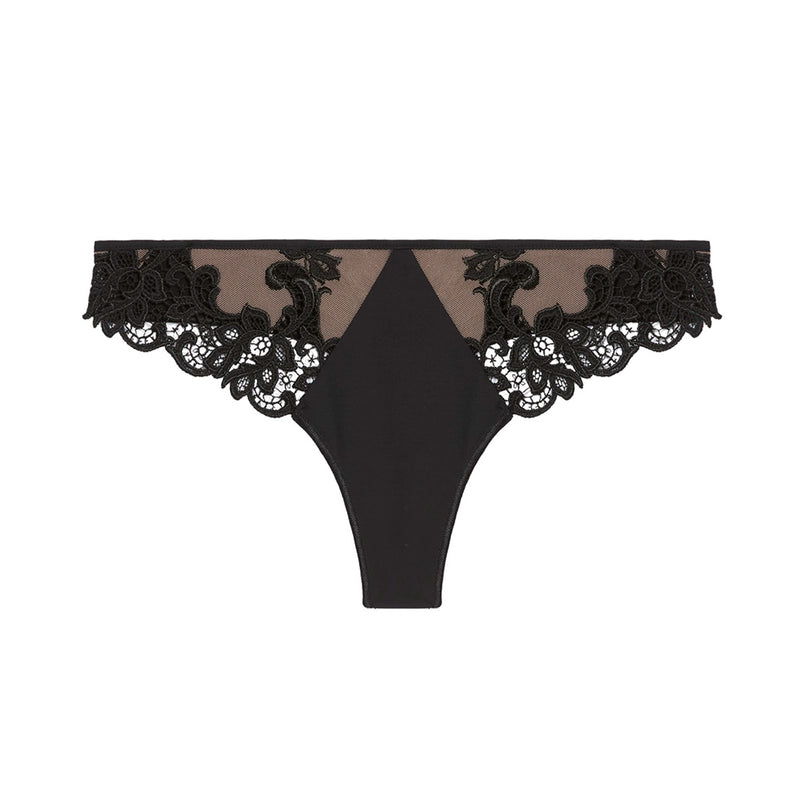 Black lace thong underwear with sheer mesh panels, shown flat against a solid white background.