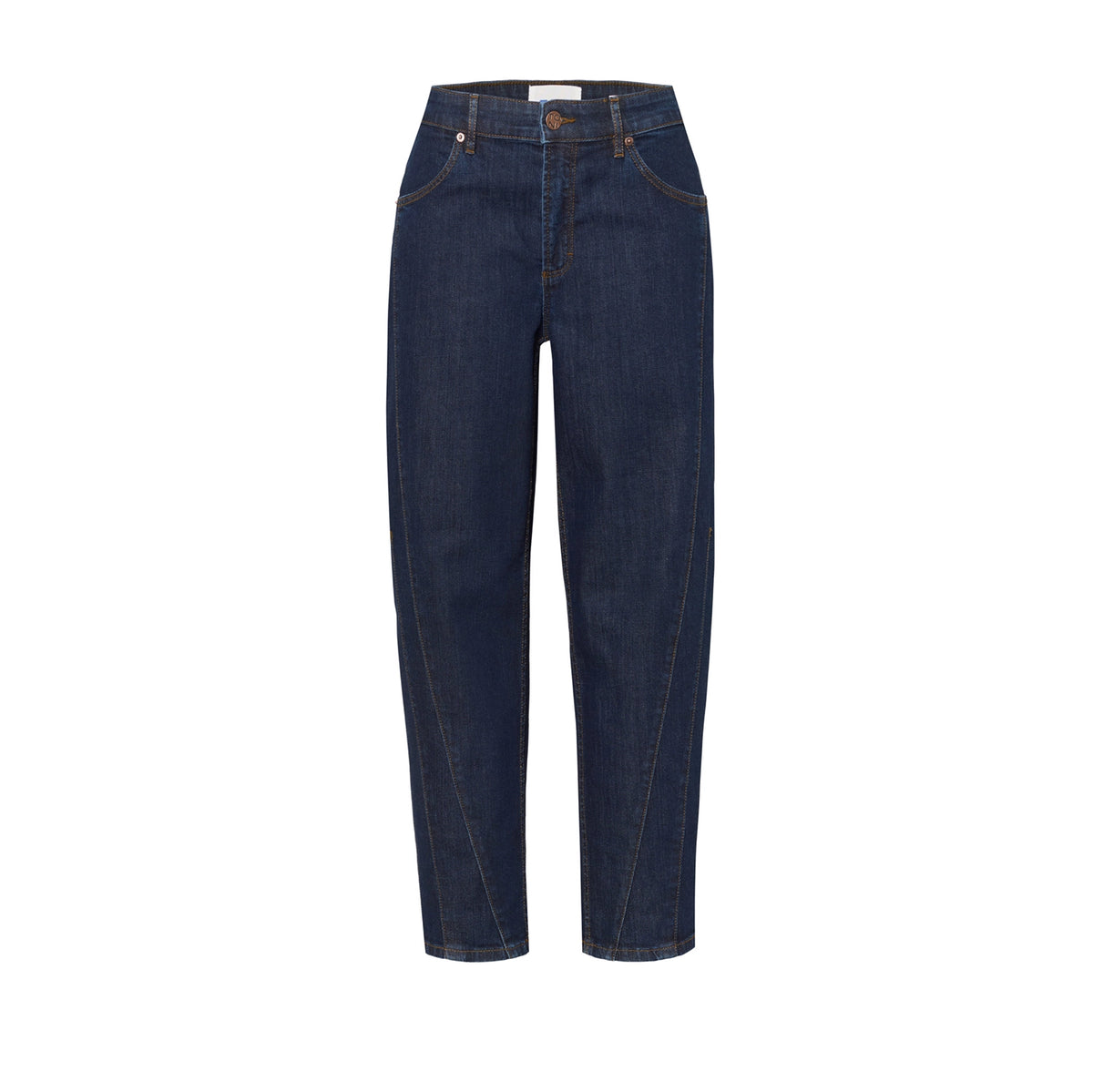 stock image of a dark denim barrel jeans on a plain grey background