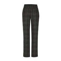 A pair of dark charcoal gray plaid trousers with thin white windowpane lines, shown flat against a solid white background.