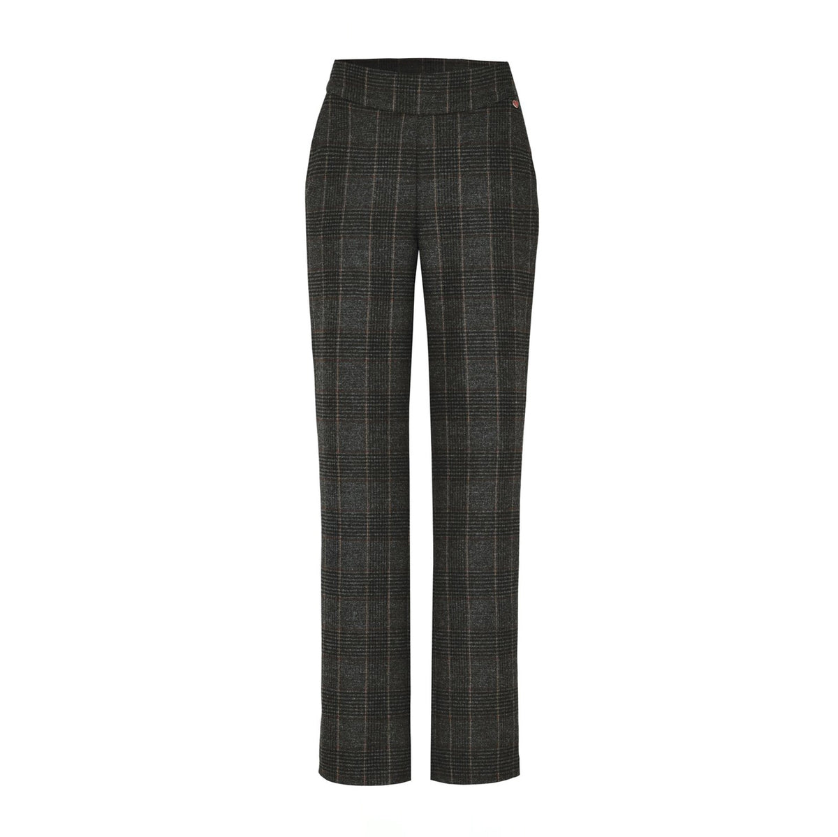 A pair of dark charcoal gray plaid trousers with thin white windowpane lines, shown flat against a solid white background.