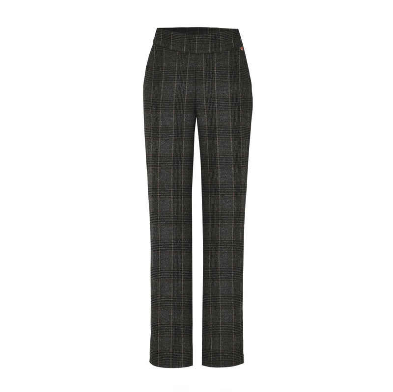A pair of dark charcoal gray plaid trousers with thin white windowpane lines, shown flat against a solid white background.