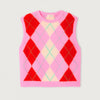pink argyle patterned sweater vest on a light grey background