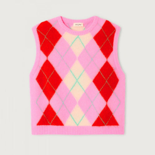 pink argyle patterned sweater vest on a light grey background