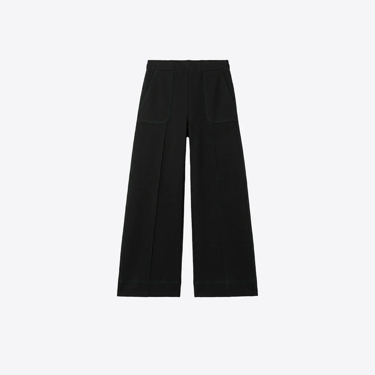 Black wide-leg trousers with front patch pockets, shown flat against a light gray background.