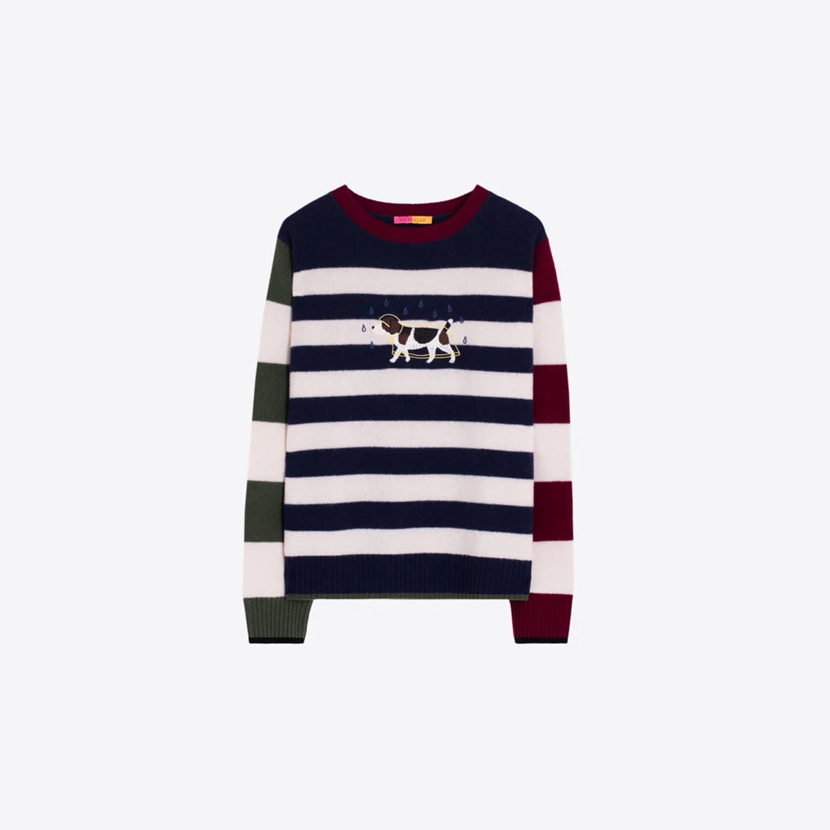 A long-sleeve crewneck sweater with horizontal navy, off-white, and burgundy stripes, featuring a green stripe on one sleeve, a burgundy stripe on the other sleeve, and a dog embroidery on the chest.