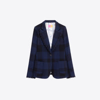 A navy blue and black plaid blazer with distinctive scalloped edges along the collar, front opening, cuffs, and hem, featuring a single button closure and front patch pockets.