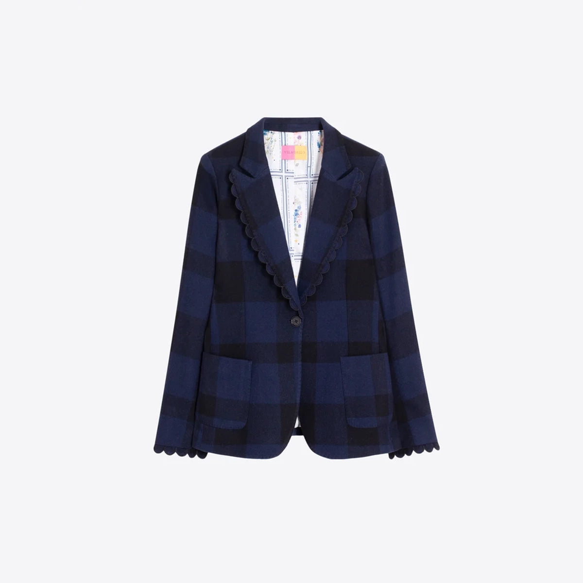 A navy blue and black plaid blazer with distinctive scalloped edges along the collar, front opening, cuffs, and hem, featuring a single button closure and front patch pockets.