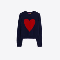 A navy blue cropped cardigan featuring a large red heart motif on the front, displayed against a clean white background.