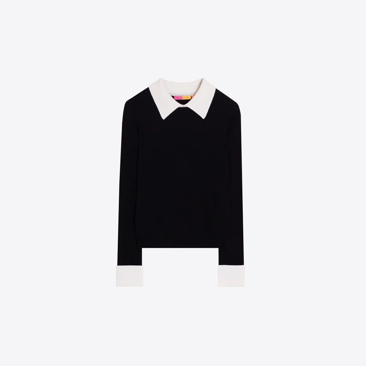 A black long-sleeve knit top with a contrasting ecru pointed collar and white turned-back cuffs, displayed flat against a light gray background.